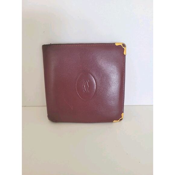 Must De Cartier Men's Bifold Leather Bordeaux Red Wallet Medium Retro Card Bill - Picture 1 of 14